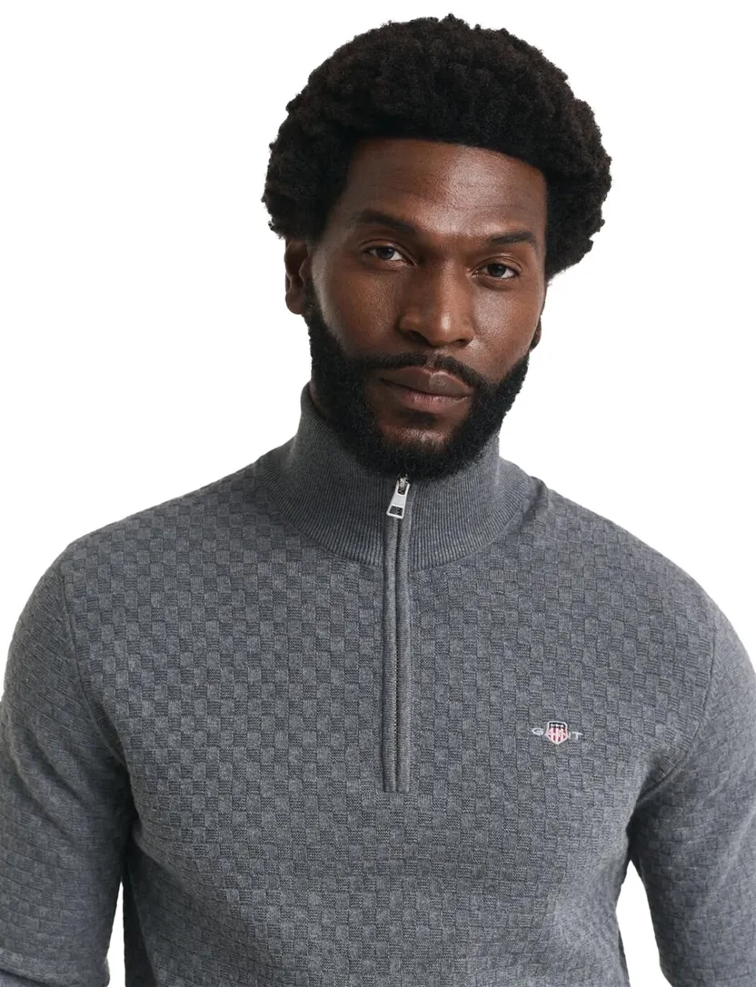 trui Gant grijs effen normale fit katoen half zip