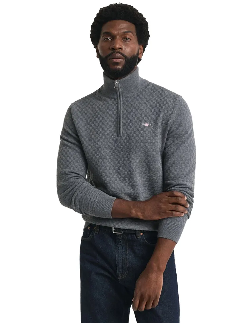 trui Gant grijs effen normale fit katoen half zip