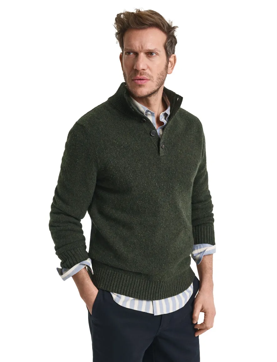 Gant Trui Groen Jacquard Half zip knopen gemêleerd