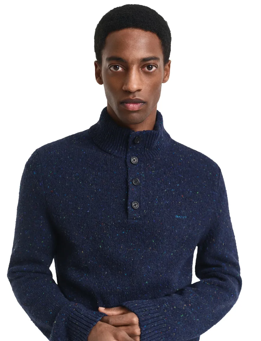 Gant Trui Donkerblauw Jacquard Half zip knopen gemêleerd