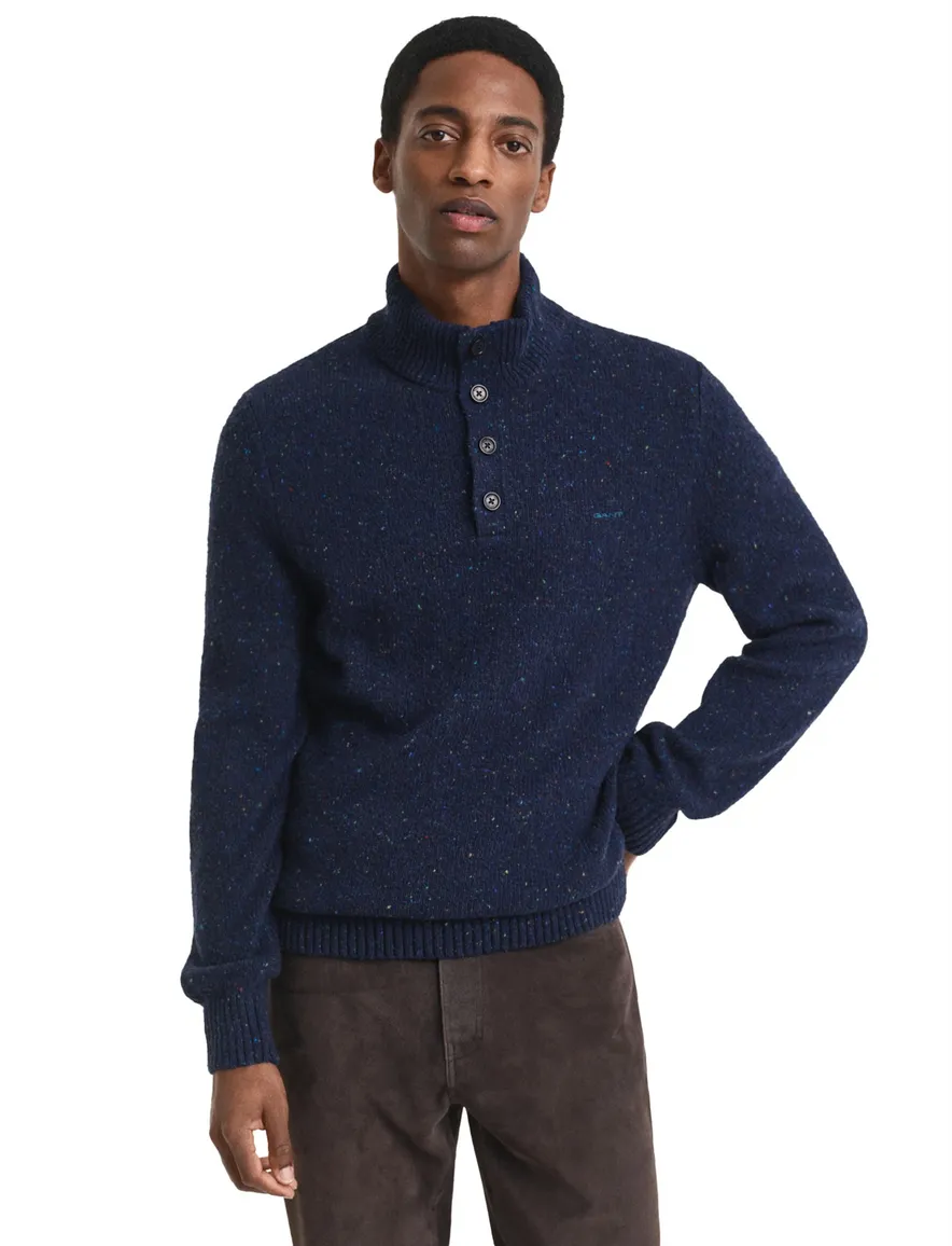 Gant Trui Donkerblauw Jacquard Half zip knopen gemêleerd