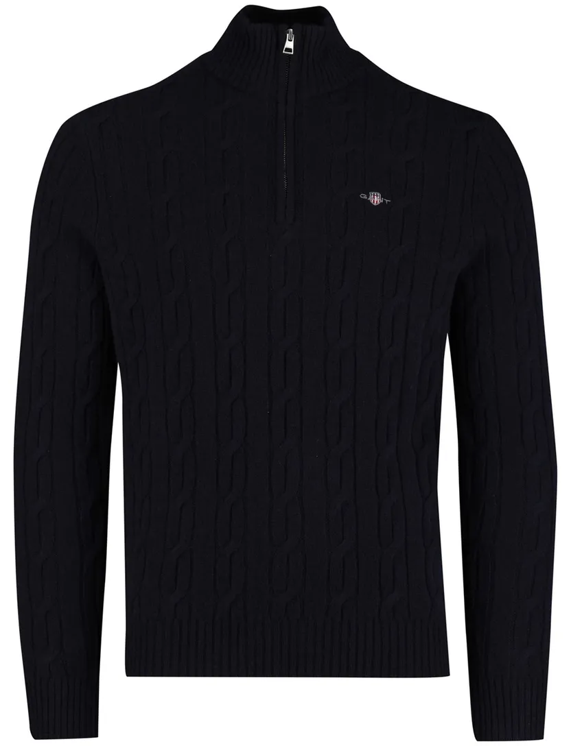 Gant Trui Half Zip Donkerblauw kabeltrui wol effen