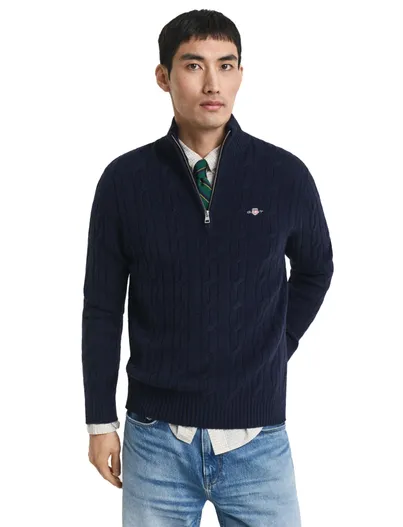 Gant Gant Trui Half Zip Donkerblauw kabeltrui 100% lamswol