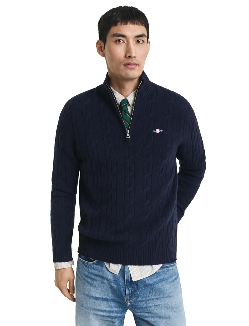 Gant Trui Half Zip Donkerblauw kabeltrui wol effen