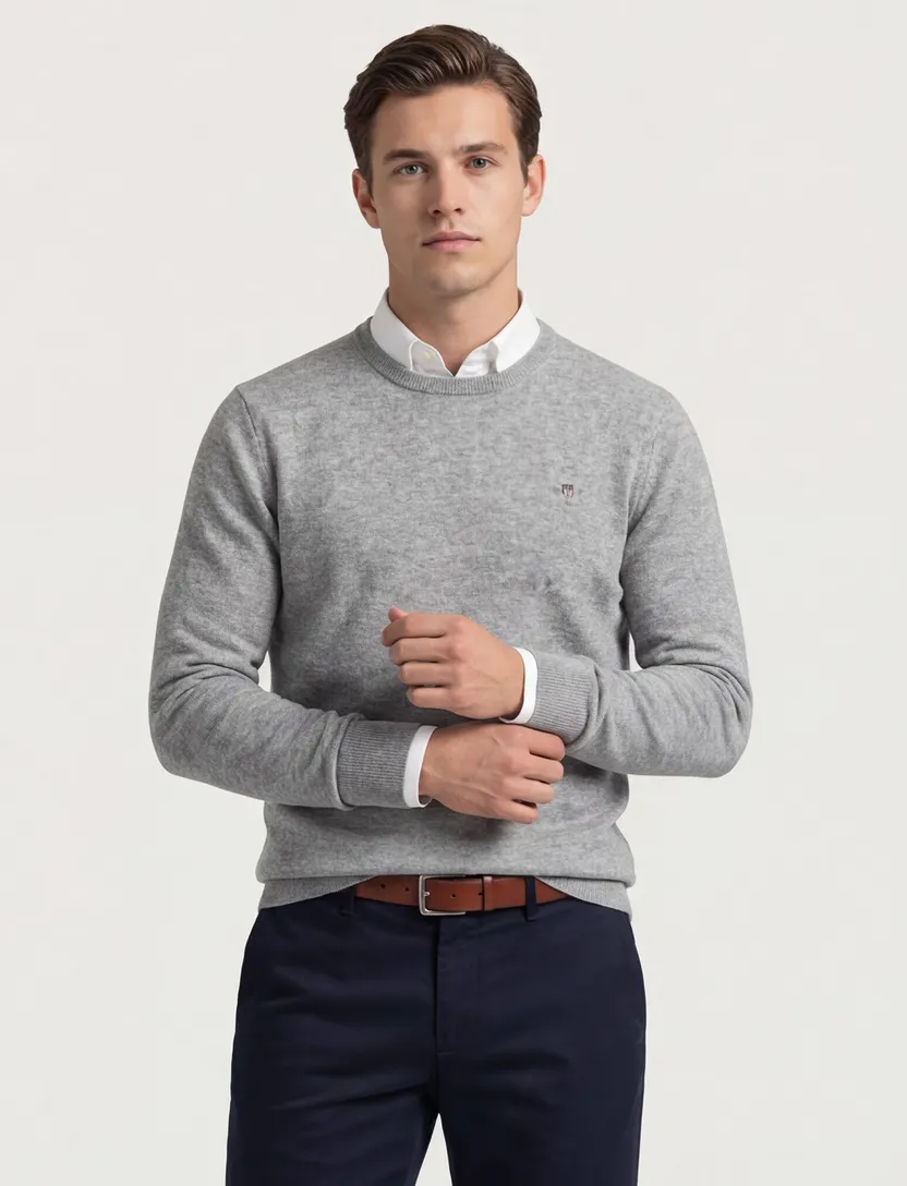 Gant trui grijs gemeleerd ronde hals lamswol met boord