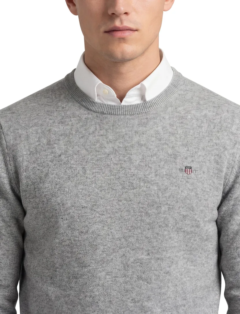 Gant trui grijs gemeleerd ronde hals lamswol met boord