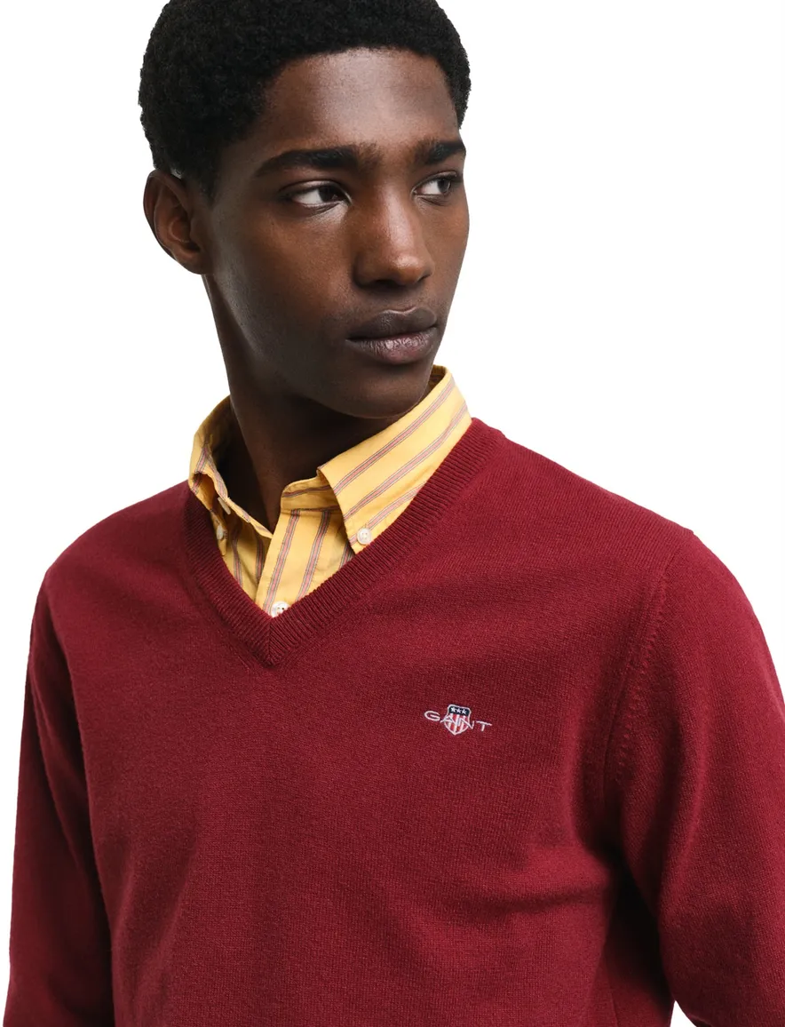 Gant trui bordeaux gebreid v hals lamswol