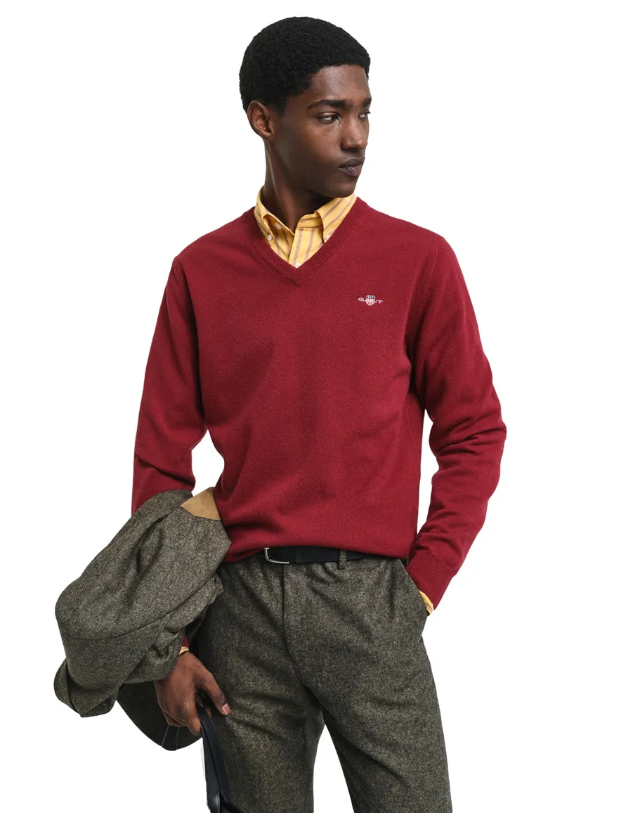 Gant trui bordeaux gebreid v hals lamswol