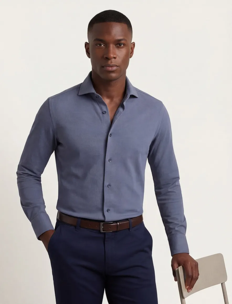 Ledub slim fit overhemd knitted katoen blauw