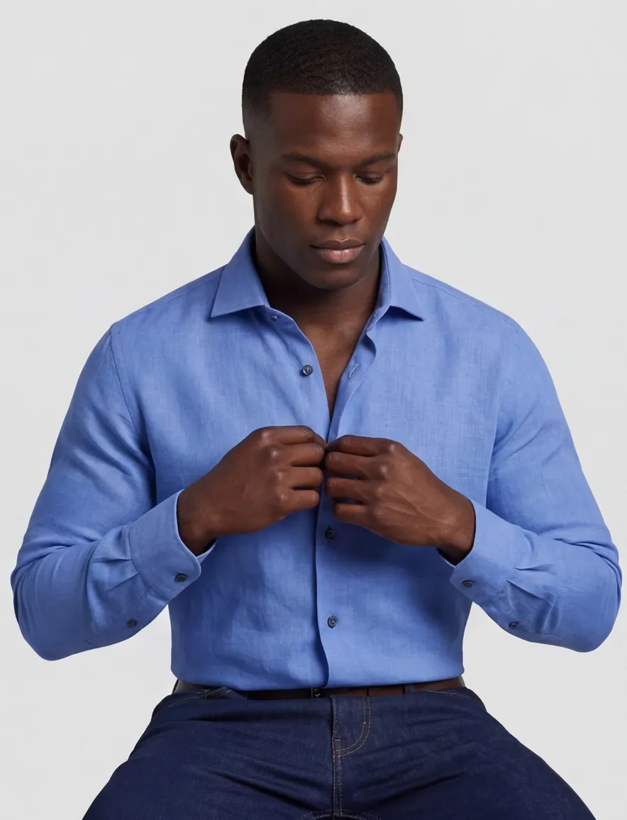 Ledub overhemd modern fit linnen blauw