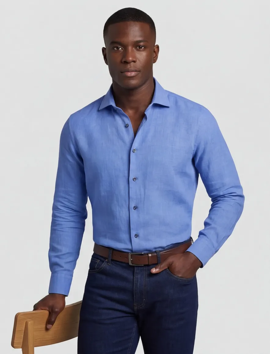 Ledub overhemd modern fit linnen blauw
