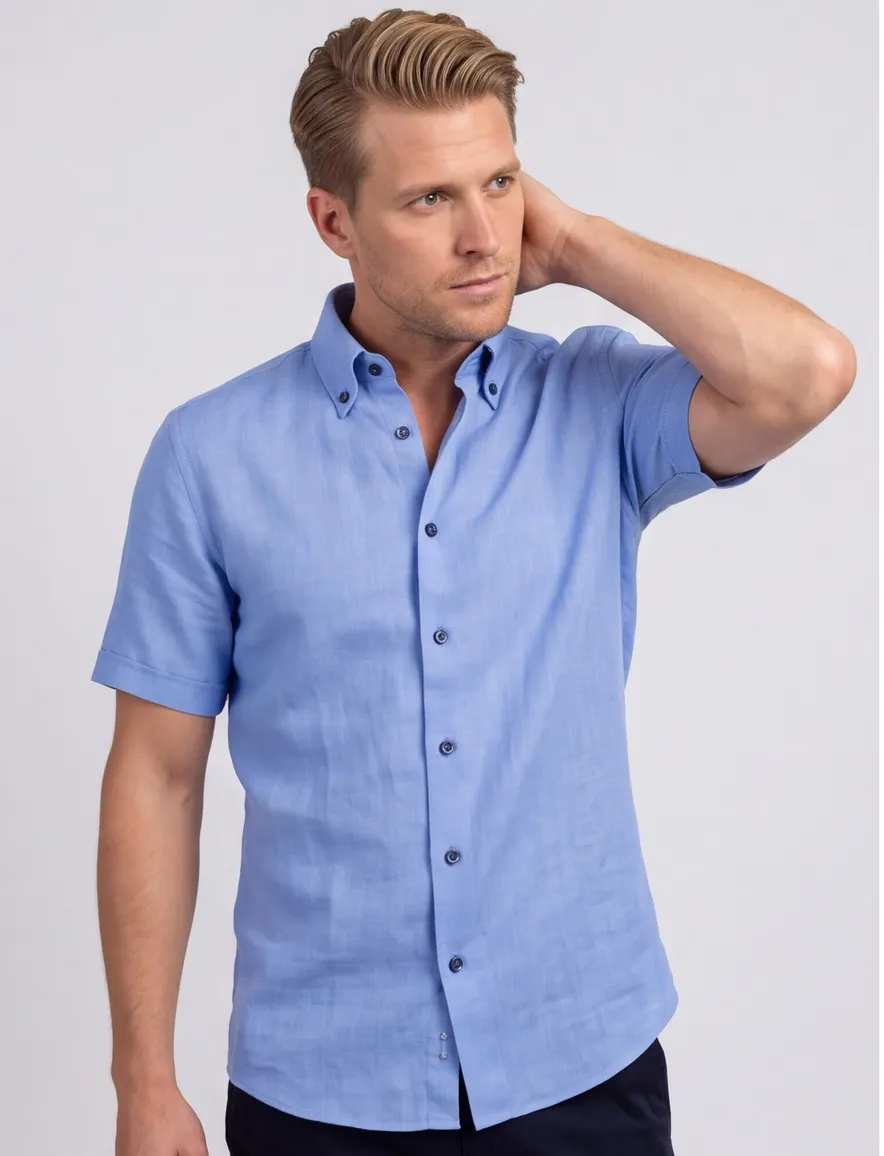 Ledub overhemd blauw effen linnen