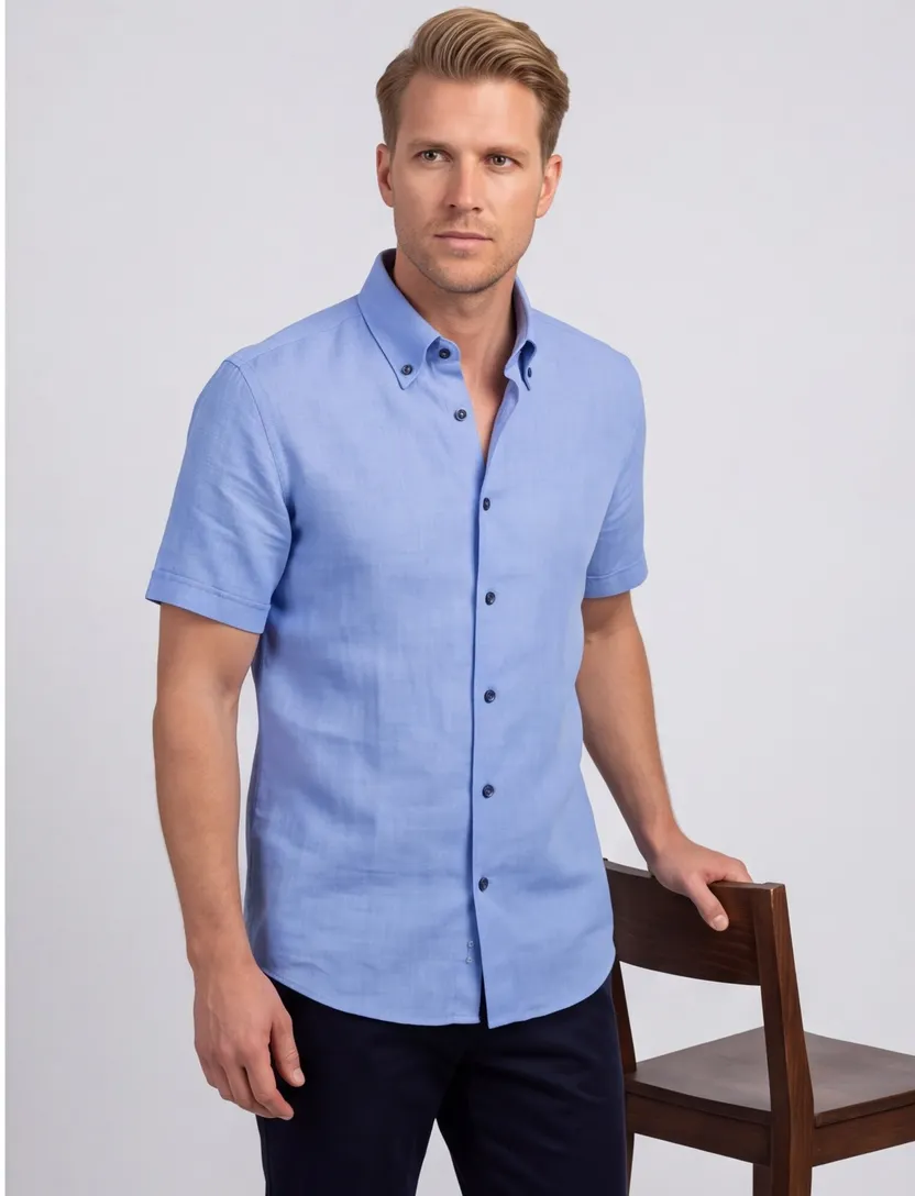 Ledub overhemd blauw modern fit linnen