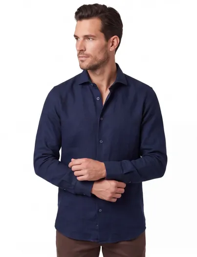 Ledub Ledub Modern Fit overhemd mouwlengte 7 donkerblauw