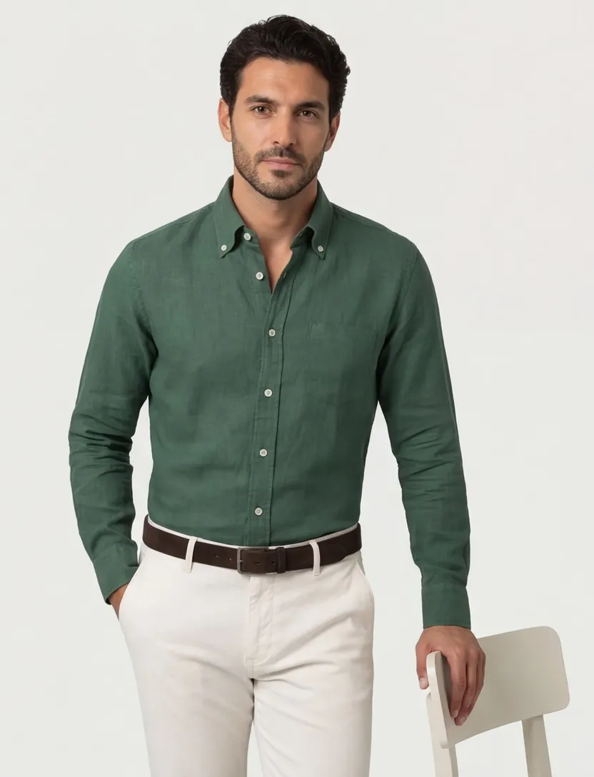 Groen linnen John Miller Slim Fit overhemd
