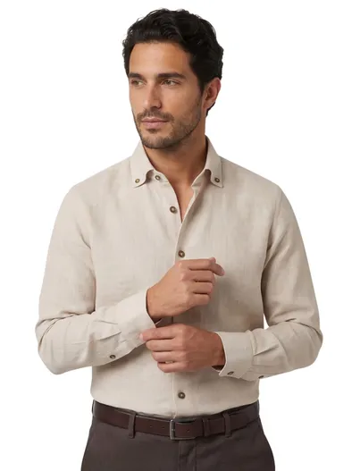 John Miller Overhemd John Miller Slim Fit beige linnen