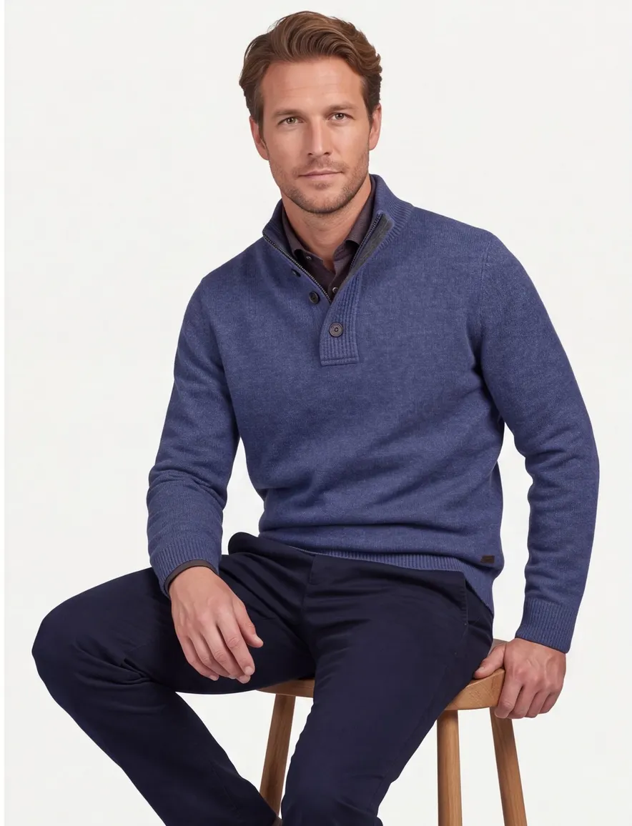 Barbour trui blauw half zip knopen wol