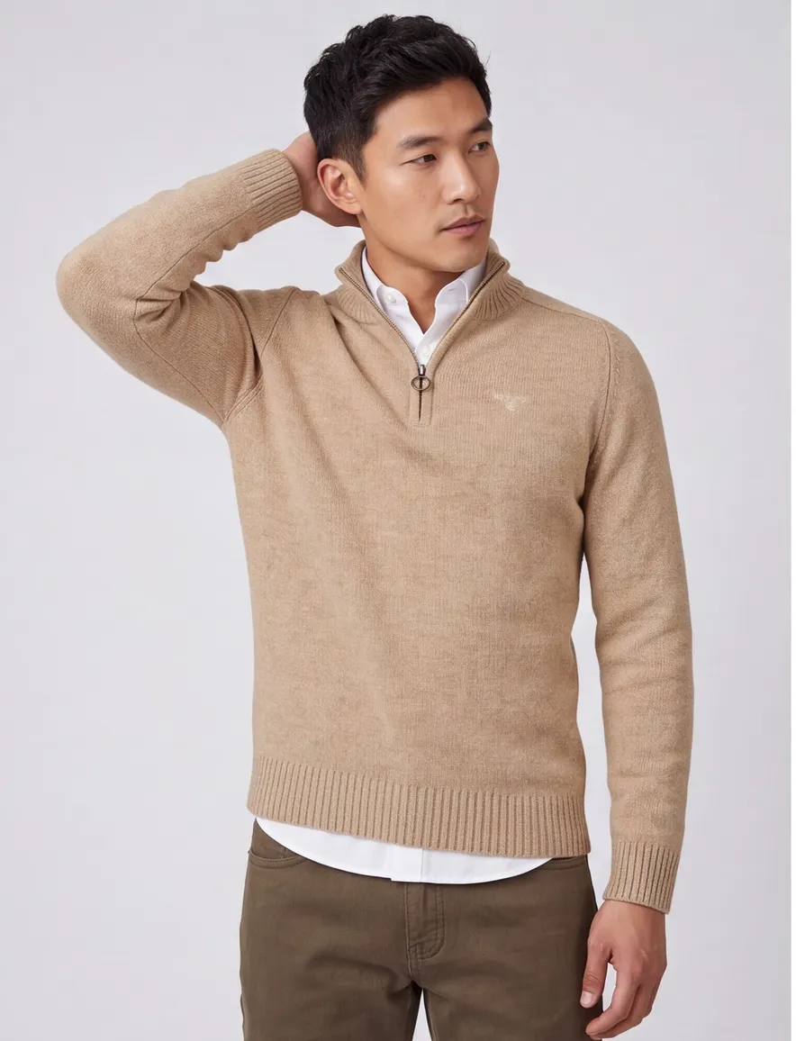 Barbour trui beige half zip wol