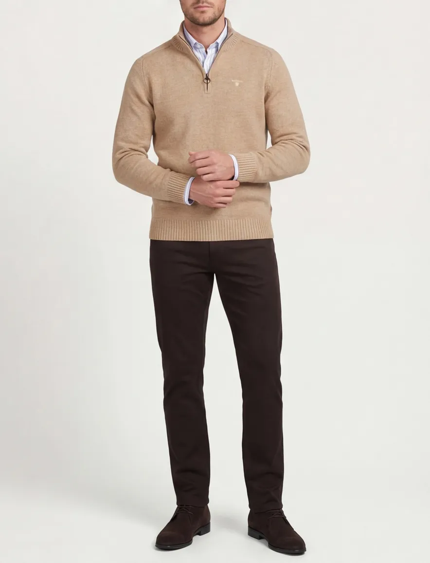 Barbour trui beige half zip wol