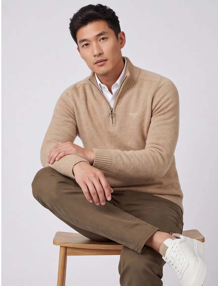 Barbour trui beige half zip wol