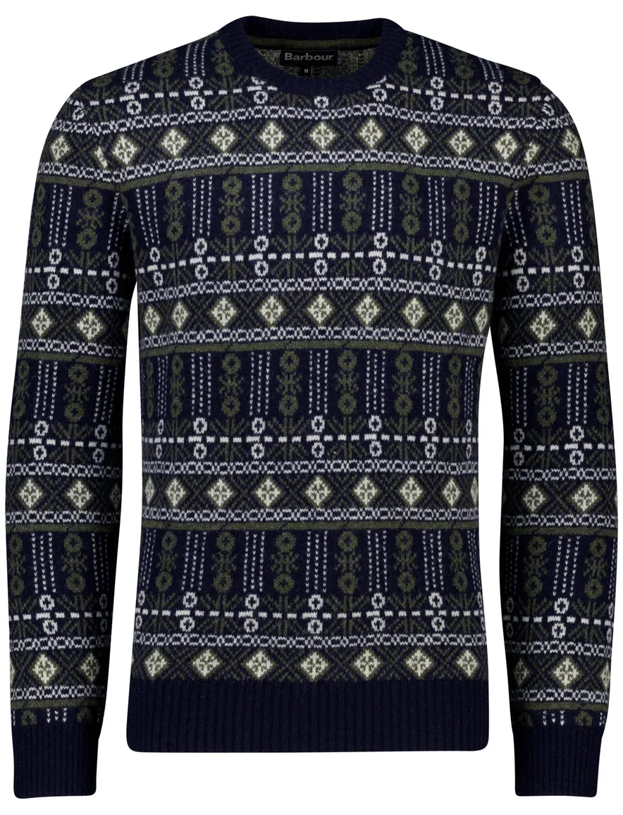 Barbour trui navy groen geprint ronde hals