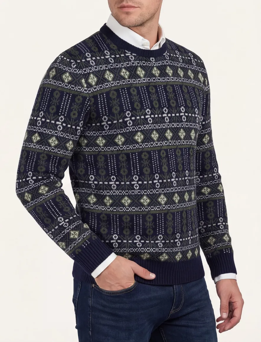 Barbour trui navy groen geprint ronde hals