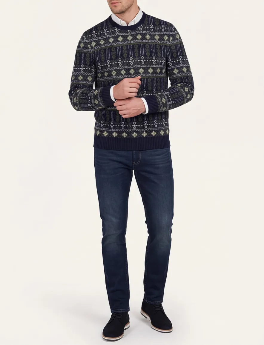 Barbour trui navy groen geprint ronde hals