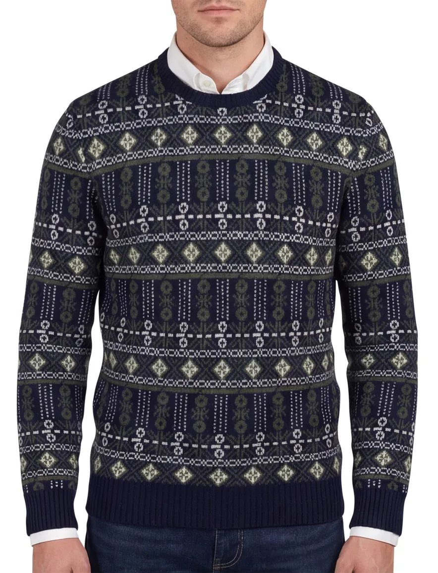 Barbour trui navy groen geprint ronde hals