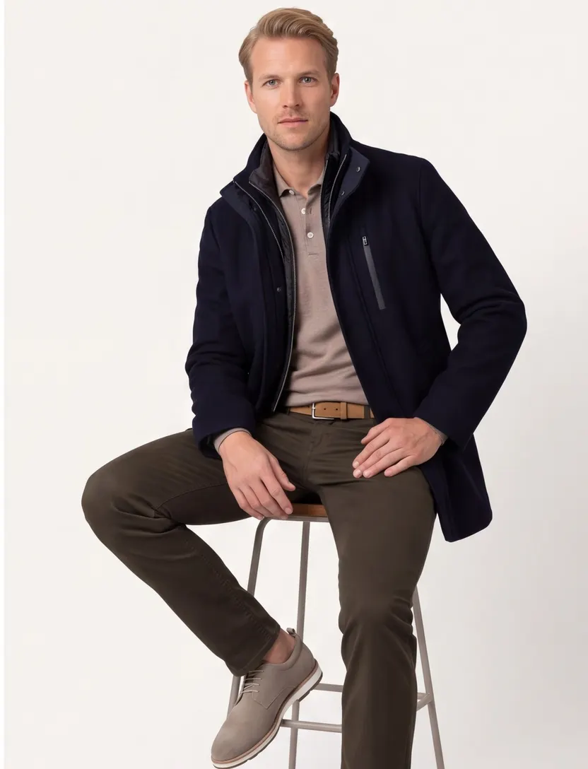 Winterjas Bugatti Donkerblauw dubbele rits en knoop