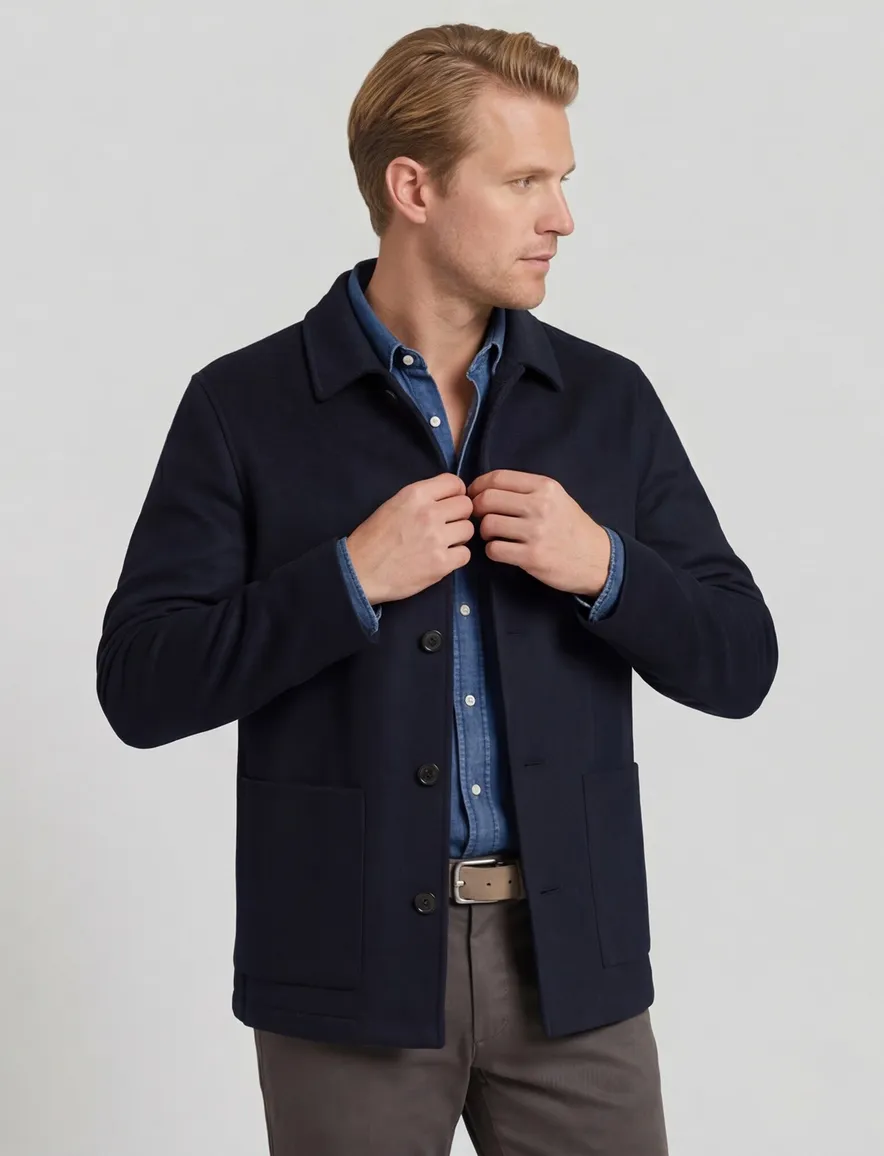 Profuomo Wool Button overshirt donkerblauw