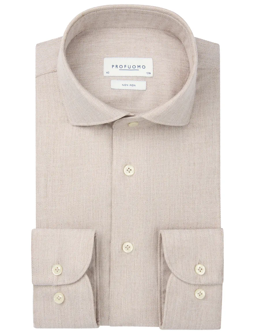 Profuomo overhemd beige gemeleerd strijkvrij