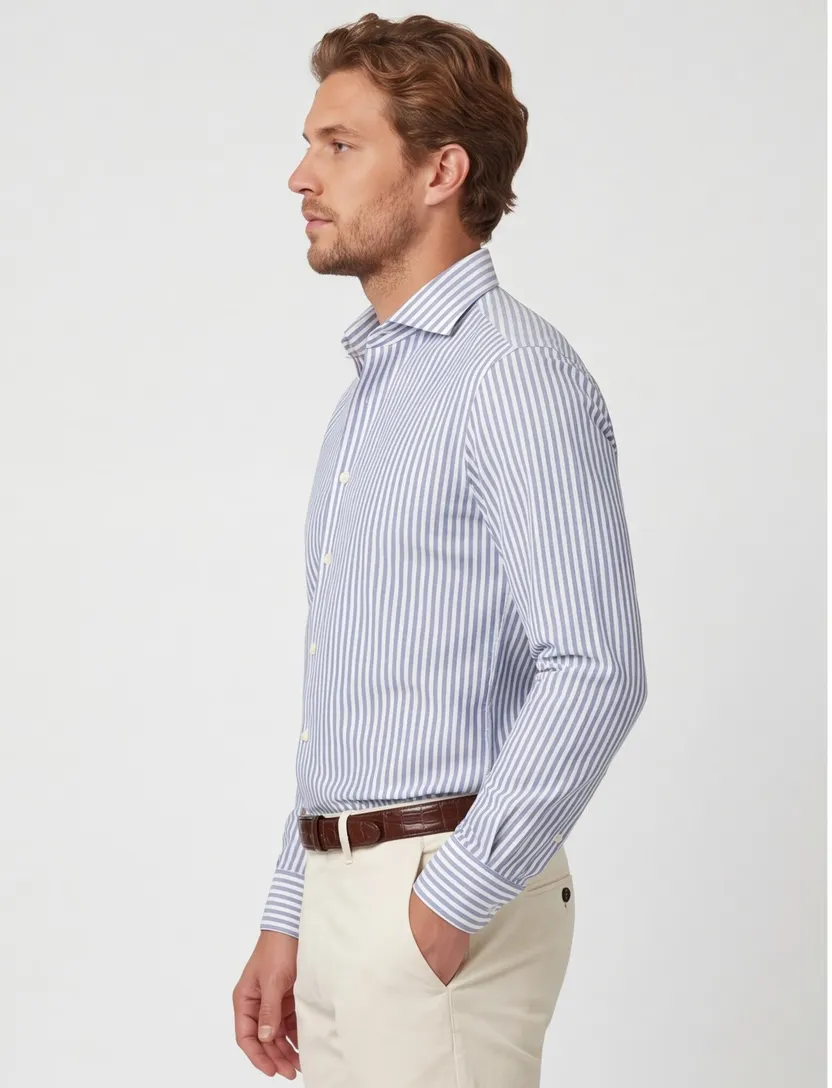 Profuomo overhemd blauw gestreept strijkvrij