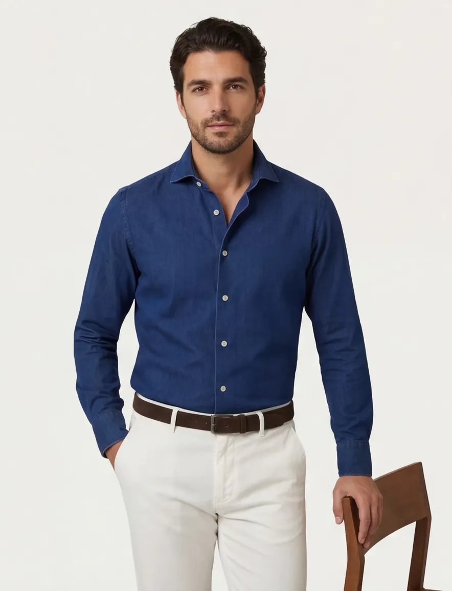 Overhemd Profuomo blauw denim katoen
