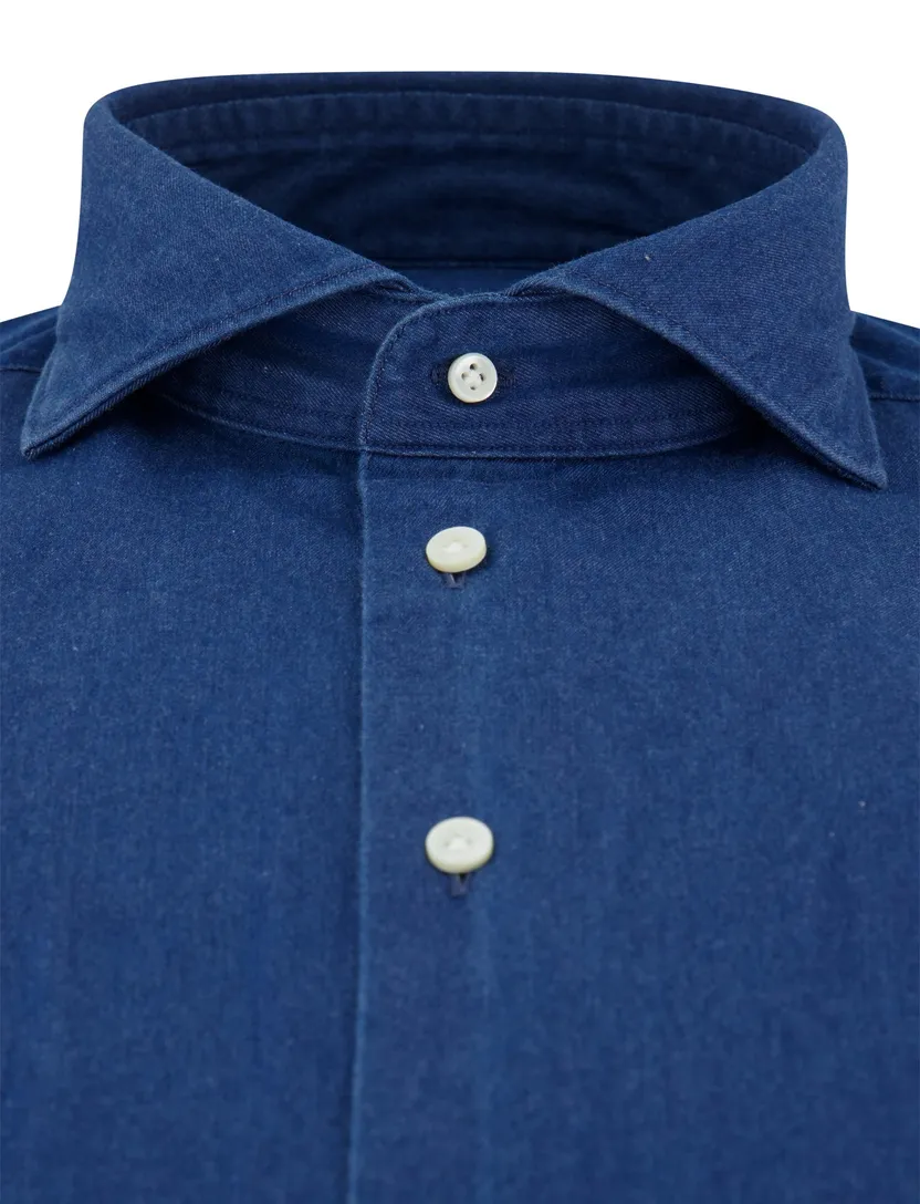 Blauw denim Profuomo overhemd ml 5 katoen