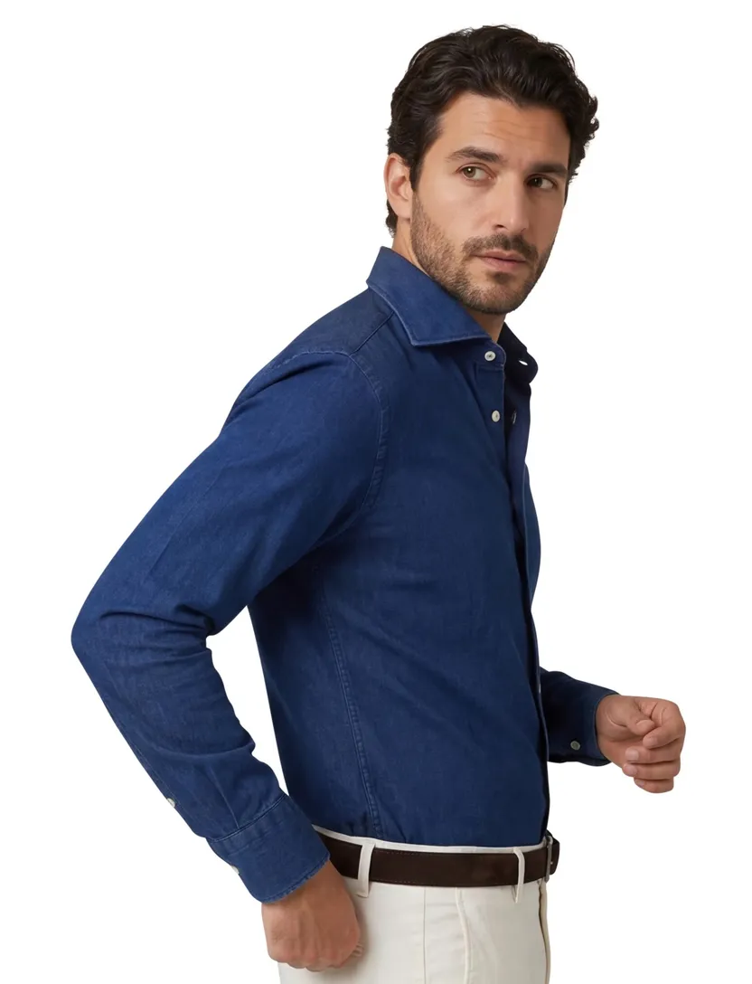 Blauw denim Profuomo overhemd ml 5 katoen