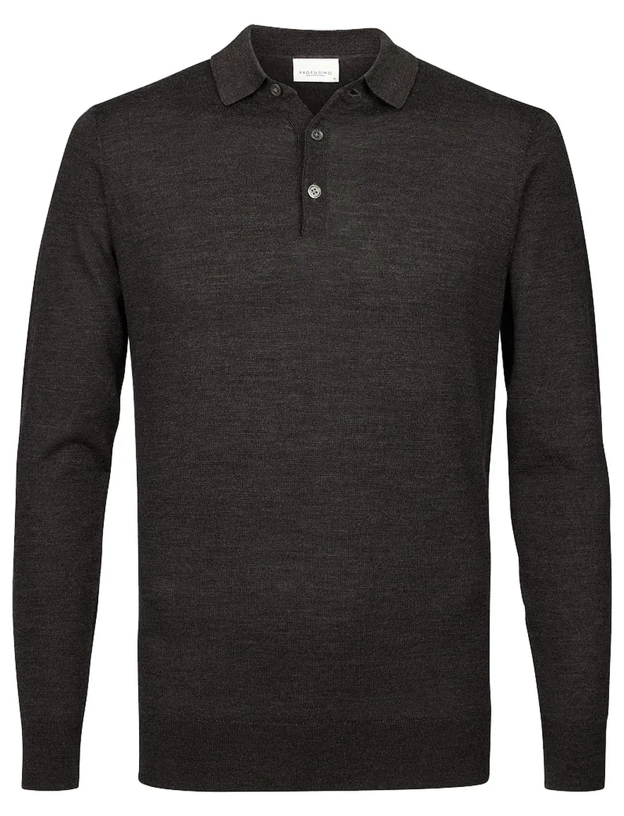 Profuomo polo lange mouw bruin gemeleerd 100% wol