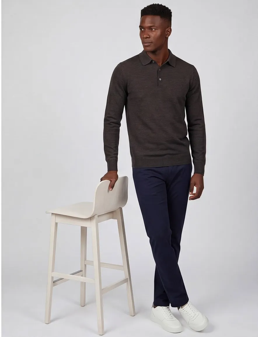 Profuomo polo lange mouw bruin gemeleerd 100% wol