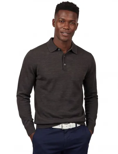 Profuomo Profuomo polo lange mouw bruin gemeleerd 100% wol