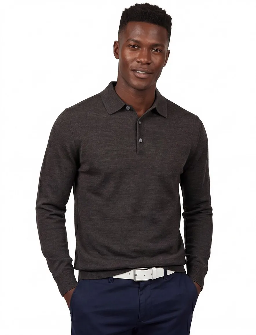Profuomo polo lange mouw bruin gemeleerd 100% wol