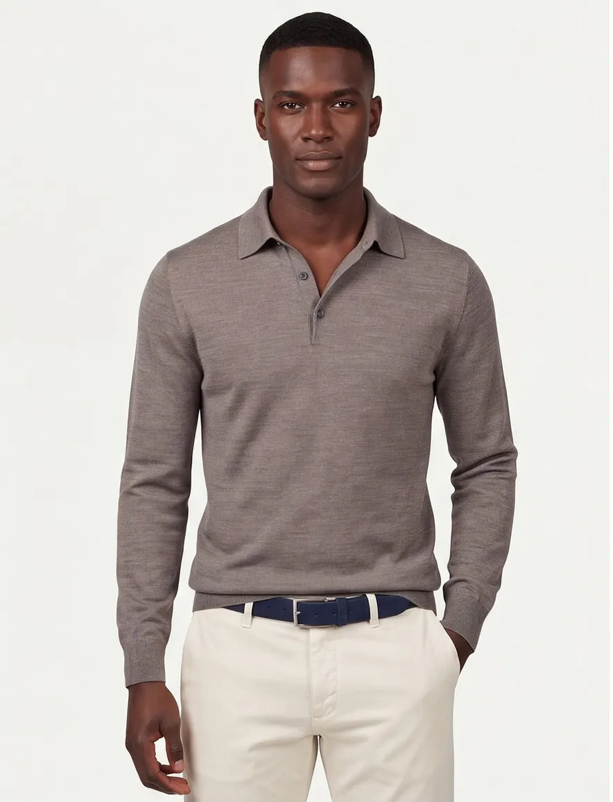 Profuomo polo lange mouw bruin 3 knoops