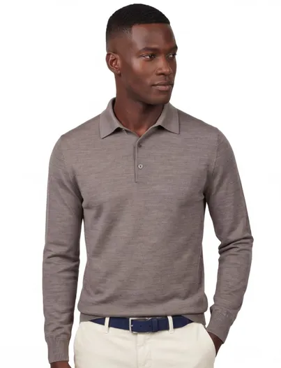 Profuomo Profuomo polo lange mouw bruin 3 knoops
