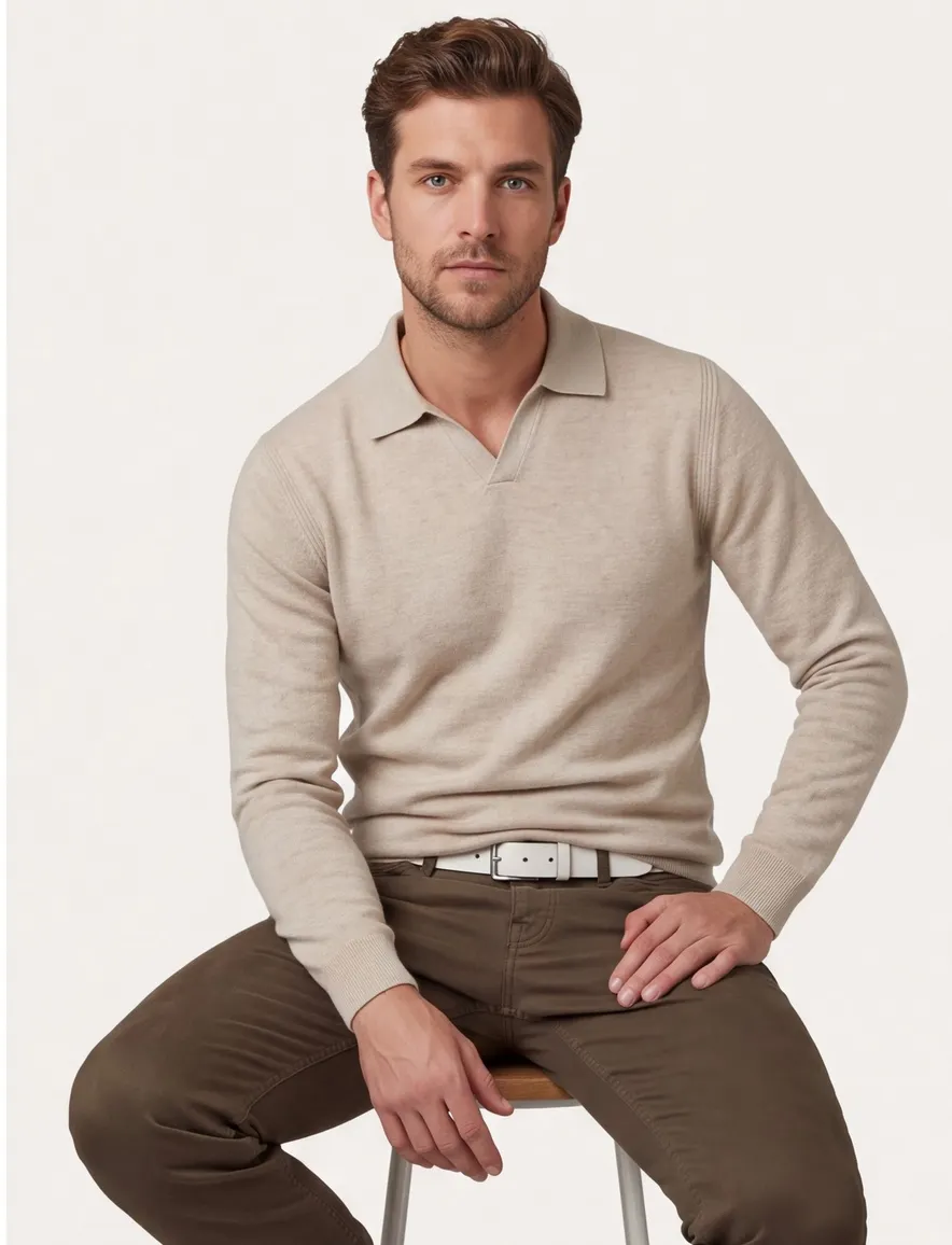 polo lange mouw beige Profuomo
