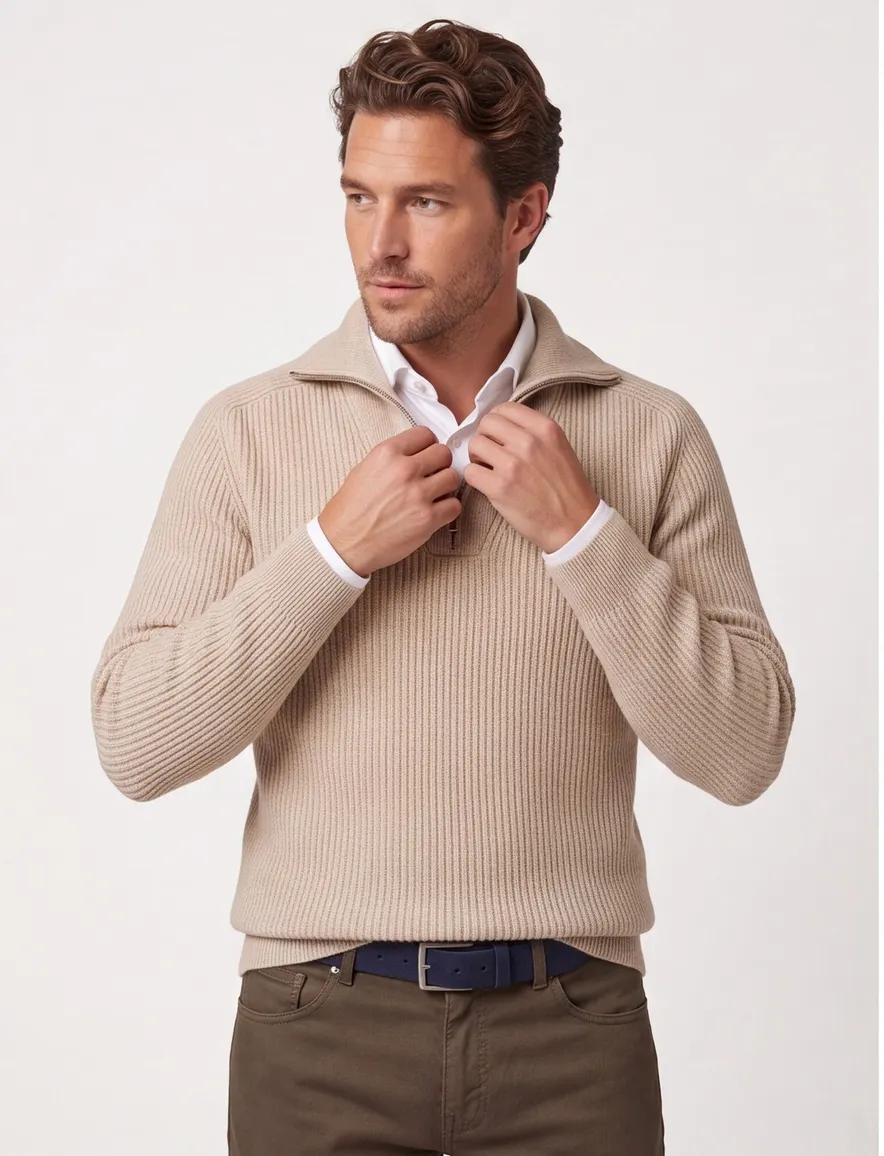 Profuomo trui beige half zip normale fit