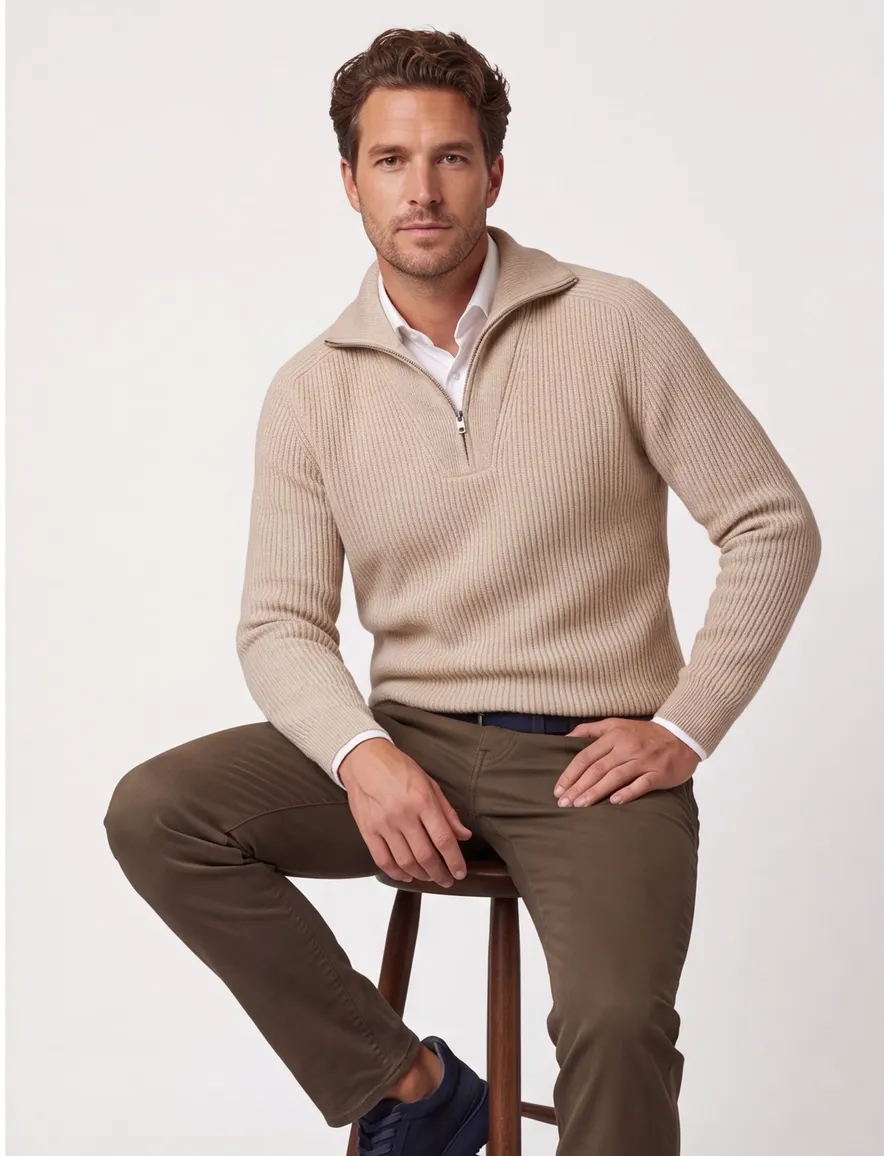 Profuomo trui beige half zip normale fit