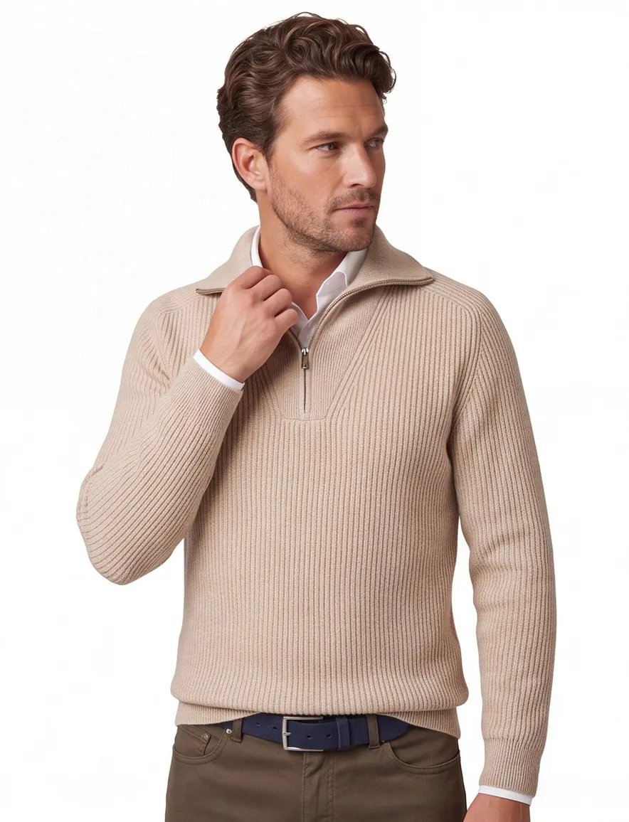 Profuomo trui beige half zip normale fit