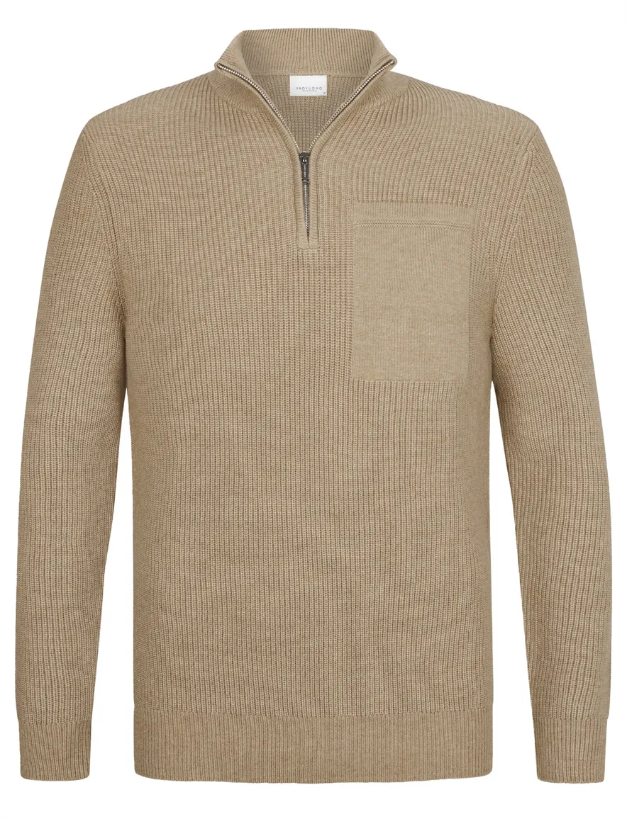 Profuomo trui beige effen normale fit half zip