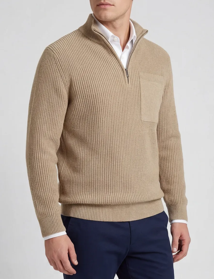 Profuomo trui beige effen normale fit half zip