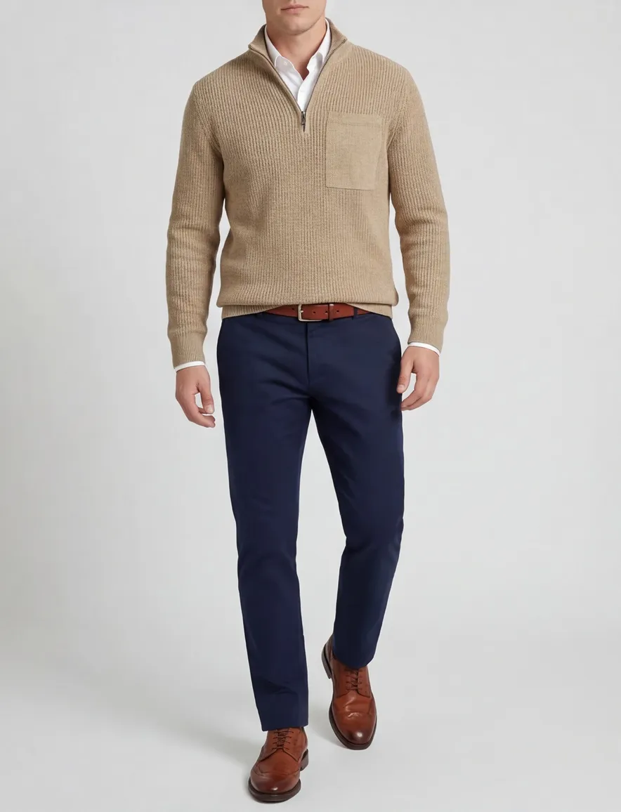 Profuomo trui beige effen normale fit half zip