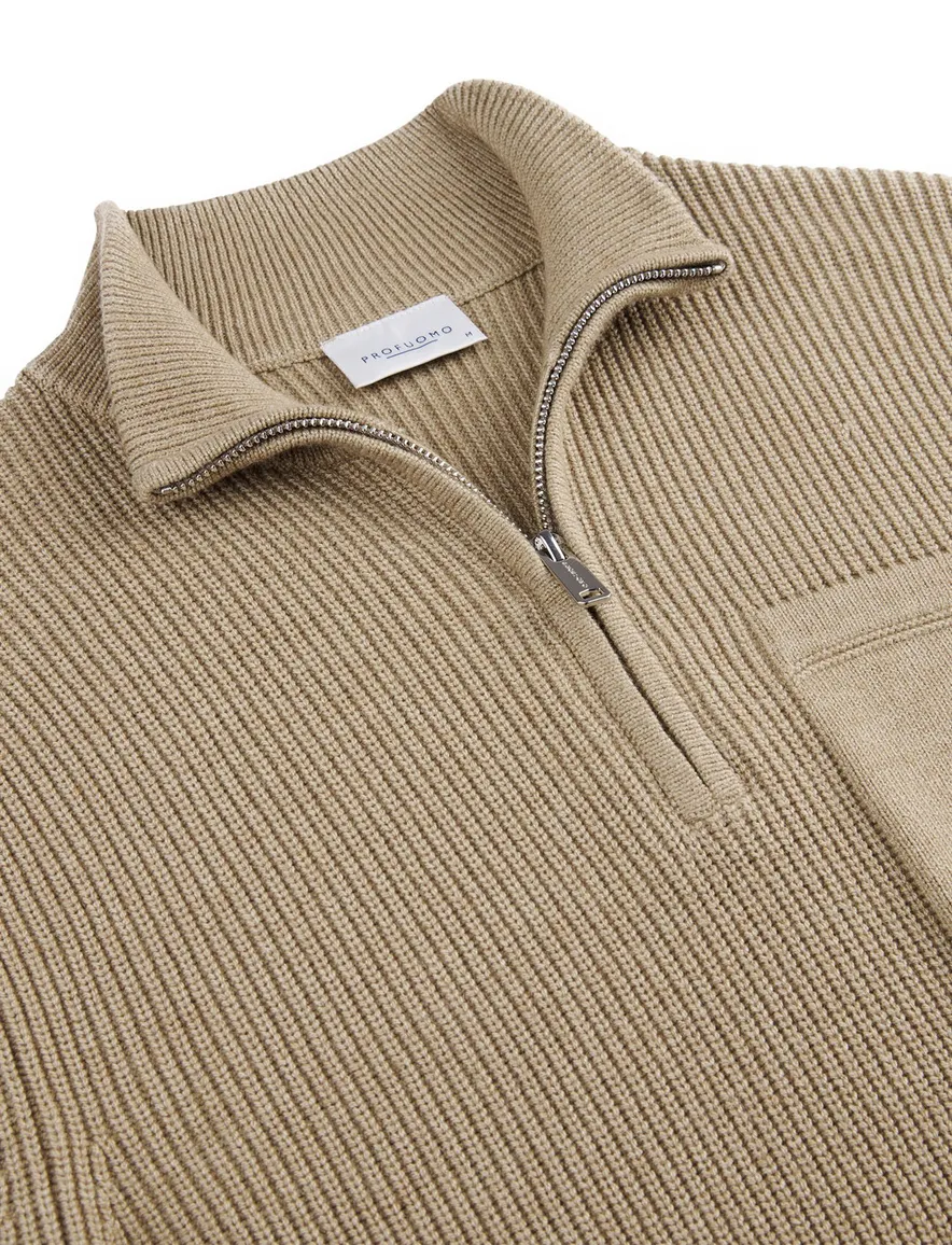 Profuomo trui beige effen normale fit half zip