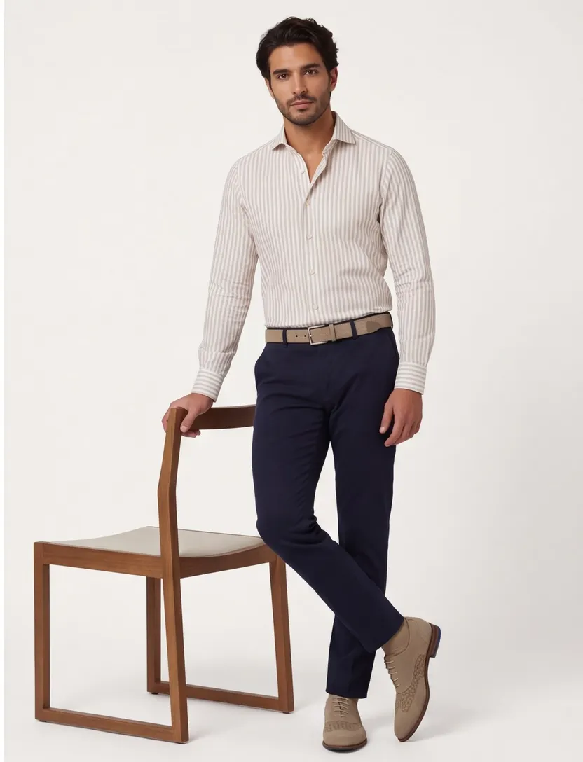Profuomo overhemd gestreept beige strijkvrij
